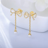 Bowknot Tassel Pearl Silver Drop Earrings for Women